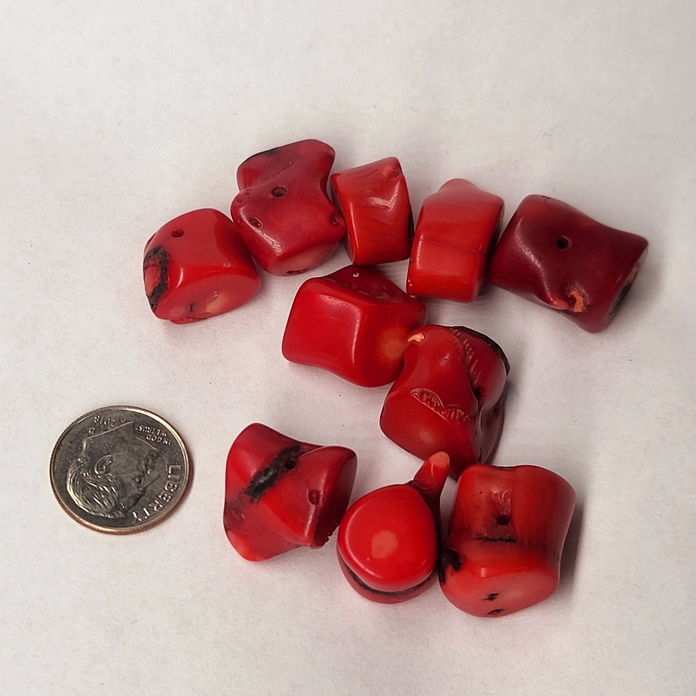 Antique genuine red coral branch chunky beads